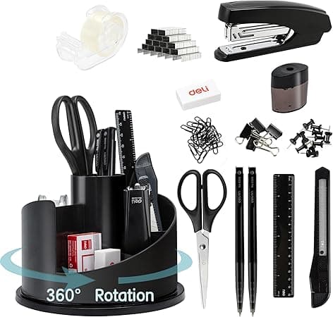deli Office Supplies Set, 1045 Pcs-Desk Accessory Organizer Kit, Stapler Set, Rotating Multi-Functional Pen Holder, Tape Dispenser, Pens, Binder Clips, Sharpener, Scissor, Eraser, Black on Amazon.ae - Price Tracker