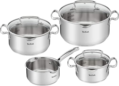 Tefal Duetto Set 7 Pieces: 3 Cooking Pots 16/20/24 cm, 1 Saucepan 16 cm, 3 Lids, Stainless Steel, 3 Glass Lids, Measurement Marks, All Types of Cookers, Oven and Dishwasher Safe on Amazon.ae - Price Tracker
