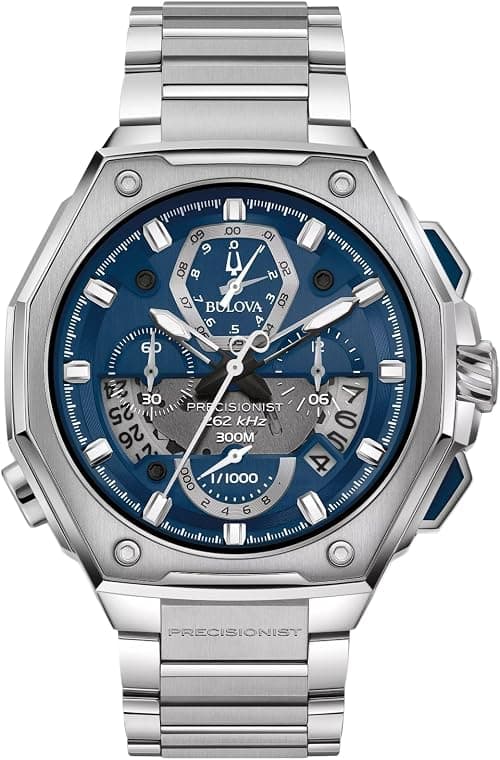 Bulova Men's Precisionist Chronograph Blue Dial Stainless Steel Watch | 44.5mm | 96B349 على Amazon.ae - متتبع الأسعار