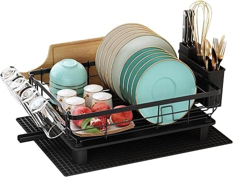 MAJALiS Dish Drainer Rack with Drip Tray, Dish Drainer with 360° Swivel Spout and Drainer Mat, Stainless Steel Dish Rack with Cup Holder and Cutting Board Holder for Kitchen Sink, Black on Amazon.ae - Price Tracker