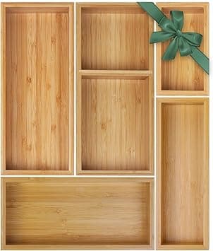 Bamboo Drawer Organizer Set, 5 PCS Multi-Use Individual Wood Storage Organizers, Junk Drawer Divider and Storage Trays Containers for Kitchen, Bathroom, Office Desk, Makeup, Jewelry, Utensils - متتبع أسعار Amazon.sa