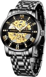 Men’s Watch Black Mechanical Stainless Steel Skeleton Waterproof Automatic Self-Winding Roman Numerals Diamond Dial Wrist Watch - Best Deal Finder