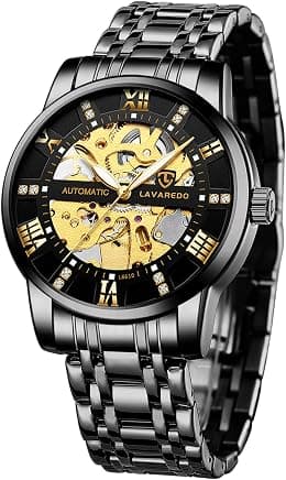 Men’s Watch Black Mechanical Stainless Steel Skeleton Waterproof Automatic Self-Winding Roman Numerals Diamond Dial Wrist Watch - Best Deal Finder