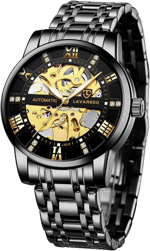 Men’s Watch Black Mechanical Stainless Steel Skeleton Waterproof Automatic Self-Winding Roman Numerals Diamond Dial Wrist Watch on Amazon - Best Deal Finder