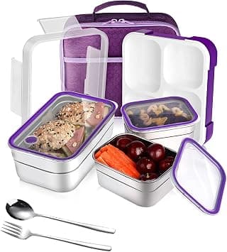 GGEROU Stainless Steel Lunch Box for Kids Adults,Insulated Bento Lunch Box with Tableware & Bag,1260ML 3 Compartment Divided Lunch Containers with Lids,Leakproof | BPA Free | Dishwasher Safe (Purple) على Amazon.ae - متتبع الأسعار
