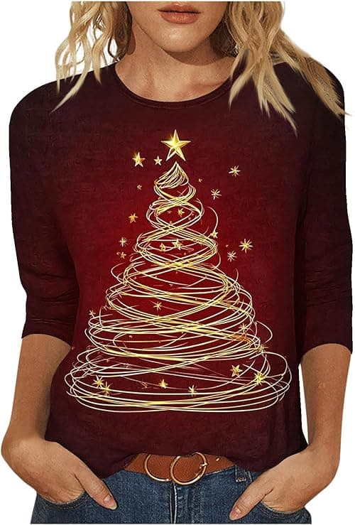 Christmas T Shirts Women Ugly Christmas Jumper Ladies Round Neck 3/4 Sleeve T Shirt Xmas Tree Snowflake Santa Printed Tops T-Shirt Tunic Jumpers Dressy Tunic Top Going Out Blouse on Amazon.ae - Price Tracker