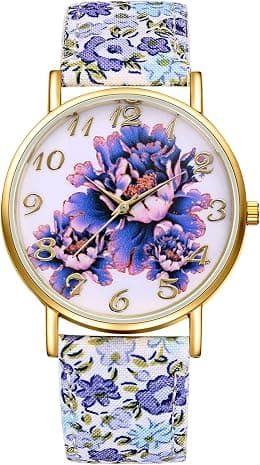 JewelryWe Damenuhr Blumen Leder Uhr Boho Blumendruck Analog Quarz Armbanduhr Damen Floraler Druck Lederarmband Lässige Uhr mit großen Zahlen Zifferblatt Geschenk für Frau Mädchen - Best Deal Finder