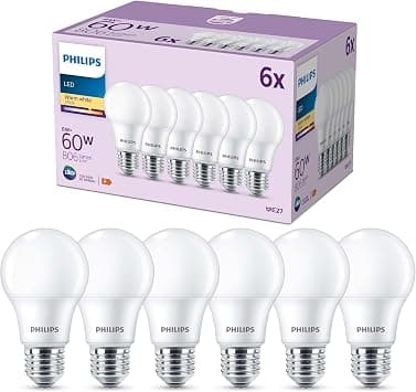 PHILIPS LED Frosted A60 Light Bulb 6 Pack [Warm White 2700K - E27 Edison Screw] 60W, Non Dimmable. for Home Indoor Lighting - متتبع أسعار Amazon.sa