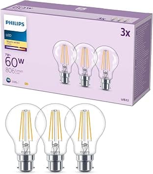Philips LED A60 Light Bulb 3 Pack [Warm White 2700K - B22 Bayonet Cap] 60W, Non Dimmable. for Home Lighting, 929001387493 - متتبع أسعار Amazon.sa