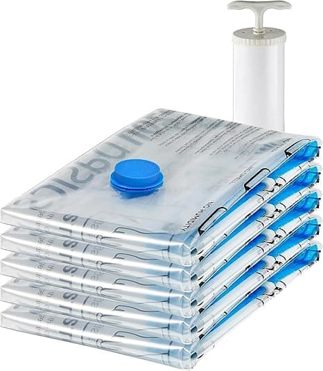 Amazon Basics Vacuum Compression Zipper Storage Bags with Airtight Valve and Hand Pump, Large, 5-Pack, Clear on Amazon.ae - Price Tracker