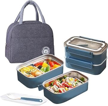 Sulfar Stainless Steel Lunch Box - Insulated Bento Box Multifunctional Containers Food Containers with 2 Compartments,Tableware, Nylon insulation bag (1.6L Blue) on Amazon.ae - Price Tracker