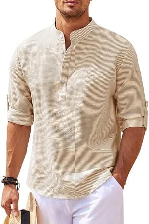 Men's Cotton Linen Shirt Casual Long Sleeve Henley Hippie T Shirts Summer Fashion Beach Tops Slim Fit Basic Button Up Shirts Lightweight Solid Color Banded Collar Shirt Typical Holiday Sports Tops, XL على Amazon.ae - متتبع الأسعار