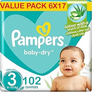 Pampers Baby-Dry Taped Diapers with Aloe Vera Lotion, up to 100% Leakage Protection, Size 3, 6-10kg, 102 Count on Amazon.ae - Price Tracker