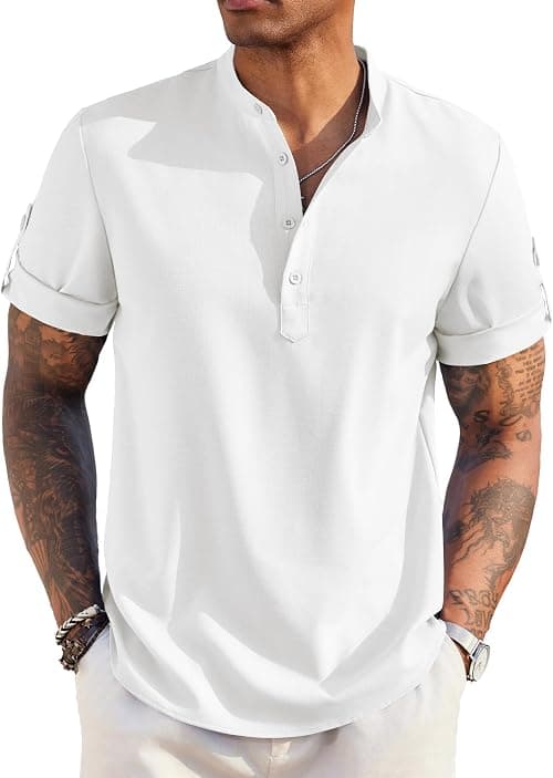 COOFANDY Men's Casual Henley Shirt Short Sleeve Band Collar Linen Shirt Summer Beach Hippie T-Shirts on Amazon.ae - Price Tracker