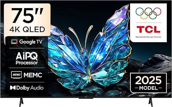 TCL 75V6C Television 75 Inch Smart TV 4K UHD HDR 10+ Gaming Google TV, Dynamic Color Enhancement, Dolby Vision Atmos, DTS Virtual X, MEMC, Voice Control, Game Master with Slim Design (2025 Model) - Amazon.ae Price Tracker