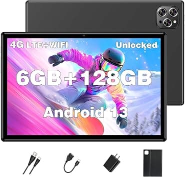 Tablet Android Tablets 10 Inch, Octa-Core Android 13 Unlocked Tablet with SIM Card Slot, 128GB ROM+6GB RAM, 5MP+13MP Camera/5G WIFI GPS/BT/6000mAh/1280*800 IPS Screen/Cellular Tablet with Case (Black) على Amazon.ae - متتبع الأسعار