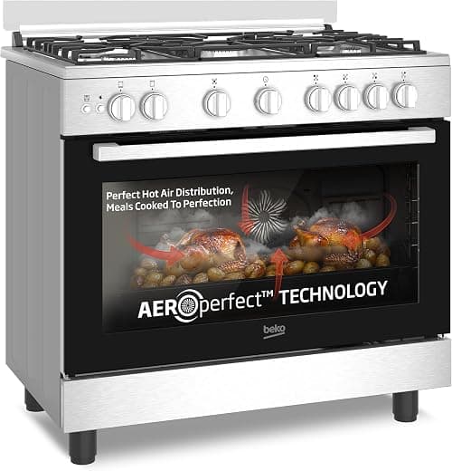 Beko 90x60cm Free standing Gas Cooker, full safety with 5 High Efficiency Gas Burner(1 Wok), conventional fan oven,106 liters Large Oven Capacity, Cast iron pan support,BGGR 11127 GX(Stainless Steel) on Amazon.ae - Price Tracker