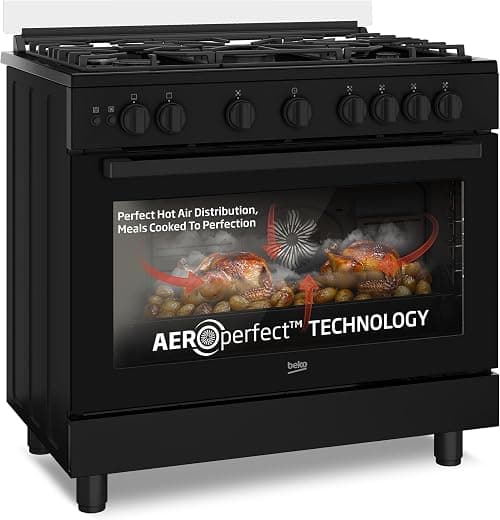 Beko 90x60cm Freestanding Gas Cooker, Full Safety with 5 High Efficiency Gas Burner(1 Wok), Conventional fan oven,106 liters Large Oven Capacity, Cast iron pan Support,BGGR 11127 GBA(Black Color) على Amazon.ae - متتبع الأسعار