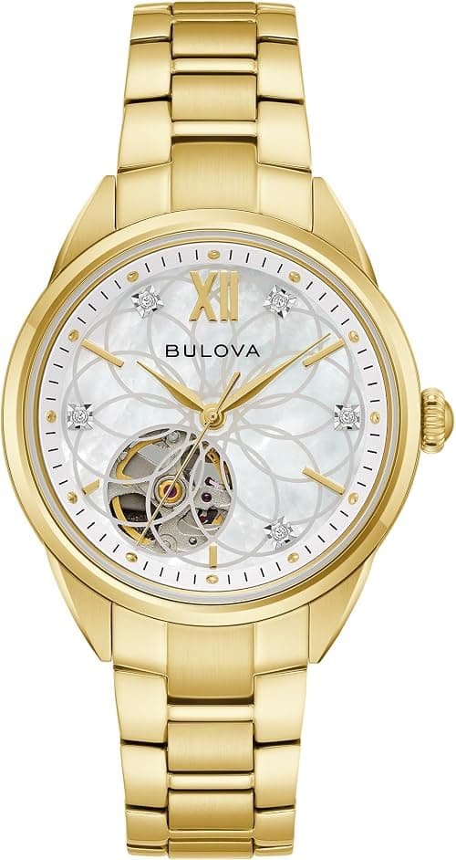 Bulova Ladies' Classic Diamond 3-Hand Automatic in Stainless Steel, Mother-of-Pearl Dial and Open Aperture Dial على Amazon.ae - متتبع الأسعار