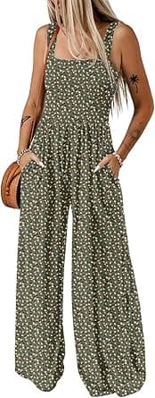 Dokotoo Womens Overalls Green Jumpsuits for Women Casual Loose Fit Solid Color Wide Leg One Piece Sleeveless Jumpsuit Printed Long Pant Rompers with Pockets Medium on Amazon.ae - Price Tracker