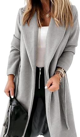 Womens Classic Coat Lapel Collar Open Front Belted Long Jacket - Best Deal Finder