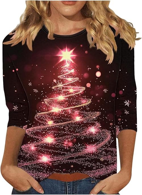 Christmas Tops for Women UK Plus Size Xmas Tops 3/4 Sleeve T Shirts Christmas Tree Snowflake Print Tshirt Round Neck Blouses Casual Loose Top Pullover Lounge Wear for Holiday Party on Amazon.ae - Price Tracker