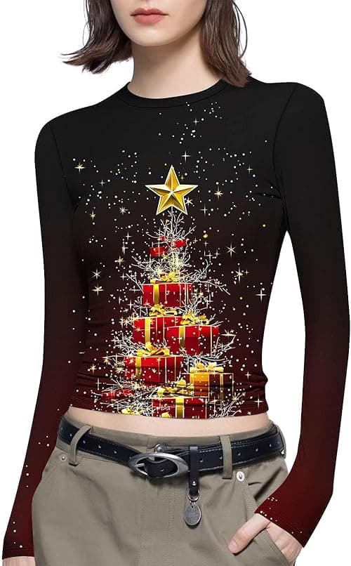 Christmas T Shirts Women Funny Xmas Tee Shirts Bodycon Top Long Sleeve T Round Neck Blouses Xmas Tree Funny Snowflakes Graphic T-Shirts Party Tops Pullover Novelty Christmas Top on Amazon.ae - Price Tracker