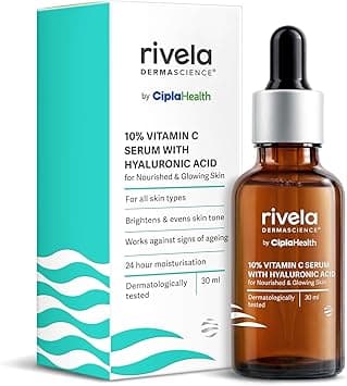 Rivela Dermascience By Cipla 10% Vitamin C Face Serum For Bright &amp; Glowing Skin, Anti Ageing Formula With Hyaluronic Acid For All Skin Types, 30ml on Amazon.ae - Price Tracker