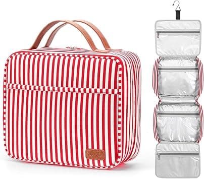 Bosidu - Red & White Striped Hanging Travel Toiletry Bag, Large Capacity Cosmetic Organiser with 4 Compartments & Sturdy Hook, Perfect for Travel/Daily Use - Best Deal Finder