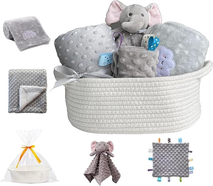 CREVENT Baby Welcome Set Storage Basket with Two Blankets+ A Security Blanket + A Taggie + A Bag with Ribbon (Grey) on Amazon.ae - Price Tracker