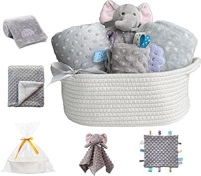 CREVENT Baby Welcome Set Storage Basket with Two Blankets+ A Security Blanket + A Taggie + A Bag with Ribbon (Grey) - Amazon.ae Price Tracker