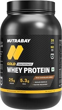 Nutrabay Gold 100% Whey Protein Concentrate with Digestive Enzymes - 25g Protein, 5.3g BCAA, 3.9g Glutamic Acid - 1Kg, Rich Chocolate Crème on Amazon - Best Deal Finder
