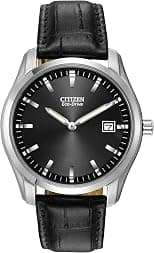Citizen Men's Classic Eco-Drive Leather Strap Watch, Date, Luminous Hands and Markers, Black Dial - Best Deal Finder