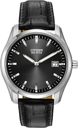 Citizen Men's Classic Eco-Drive Leather Strap Watch, Date, Luminous Hands and Markers, Black Dial - Best Deal Finder