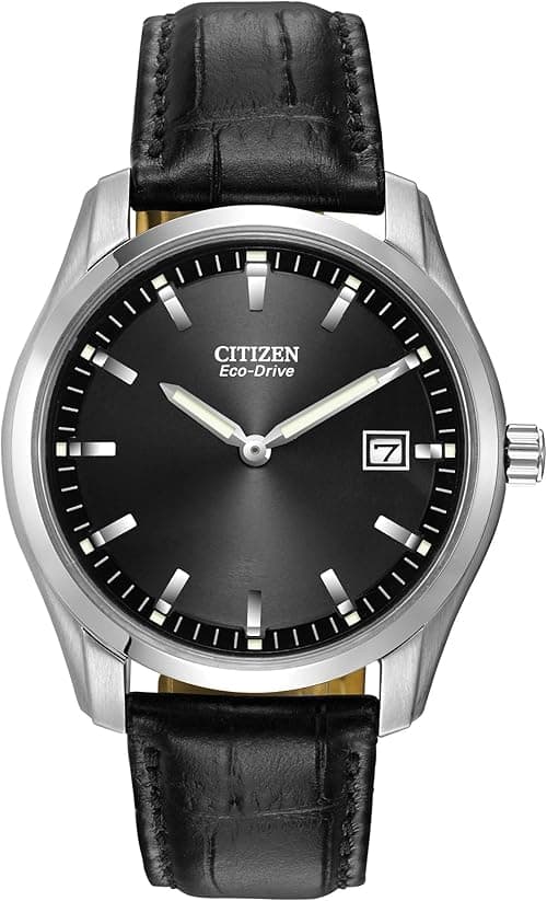 Citizen Men's Classic Eco-Drive Leather Strap Watch, Date, Luminous Hands and Markers, Black Dial on Amazon.ae - Price Tracker