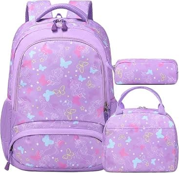 Kimwadalh Butterfly Backpack for Girls, 3 in 1 Purple With Lunch Bag and Pencil Case, Large Capacity Schoolbag With Reflective Straps for Kindergarten Elementary على Amazon.ae - متتبع الأسعار