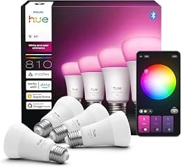 Philips Hue Smart LED A60 Bulb, White and Color Ambiance, E27 Base, 6W, Full Spectrum Light 1000K-20000K, 810 Lumens, Dimmable, Works with Alexa, Google Assistant, and Apple Home, 4 Pack | Philips Hue - متتبع أسعار Amazon.sa