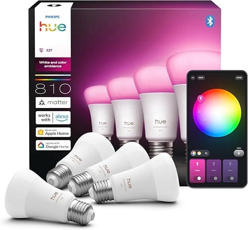 فيليبس هيو مصباح LED ذكي A60، أجواء بيضاء وملونة، قاعدة E27، 6 واط، ضوء كامل الطيف 1000-20000 كلفن، 810 لومن، قابل للتعتيم، يعمل مع اليكسا ومساعد جوجل وابل هوم، 4 قطع | Philips Hue على Amazon.sa - متتبع الأسعار
