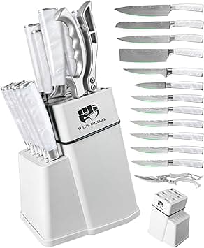 FULLHI 14pcs Block Knife Set, Chef's Knife Steak Knives Set with Block and Sharpener, Kitchen Knife Set, Multi-colour Handle, Gifts for Men Women (White Resin) on Amazon.ae - Price Tracker