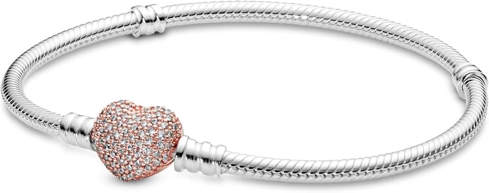 Pandora Moments Women's 14k Rose Gold-Plated and Sterling Silver Pavé Heart Clasp Cubic Zirconia Snake Chain Bracelet for Charms - متتبع أسعار Amazon.sa