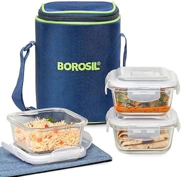 Borosil - Glass Lunch Box Set Of 3, Clear, 320 Ml, Microwave Safe Office Tiffin (12 X 12 X 6.5 Cm) على Amazon.ae - متتبع الأسعار