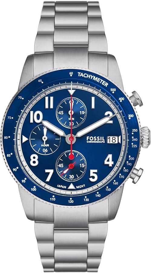 Fossil Men's Sport Tourer Quartz Stainless Steel Chronograph Watch, Color: Silver/Blue (Model: FS6047) on Amazon.ae - Price Tracker