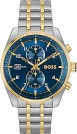 BOSS SKYTRAVELLER MENS BLUE DIAL STAINLESS STEEL & IONIC PLATED THIN GOLD STEEL WATCH - 1514247 - Best Deal Finder