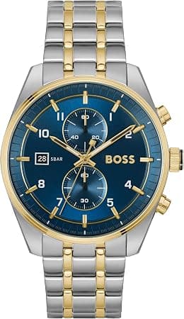 BOSS SKYTRAVELLER MENS BLUE DIAL STAINLESS STEEL & IONIC PLATED THIN GOLD STEEL WATCH - 1514247 - Best Deal Finder