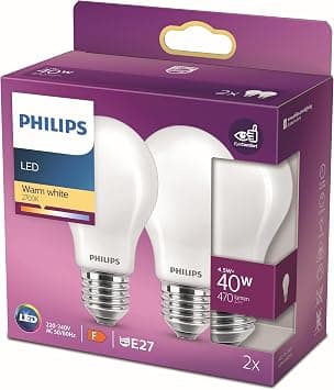 PHILIPS LED Premium Frosted A60 Light Bulb [E27 Edison Screw] 4.5W - 40W Equivalent, Warm White (2700K), Non Dimmable - متتبع أسعار Amazon.sa