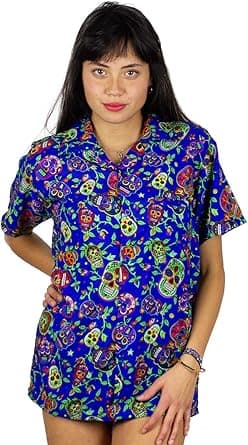 V.H.O. Funky Hawaiian Blouse Hawaiian Shirt Women's Short Sleeve Front Pocket Hawaiian Print Parrot Beach Palm Trees on Amazon.ae - Price Tracker