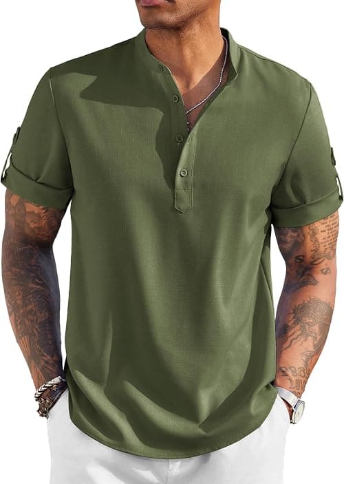 COOFANDY Men's Casual Henley Shirt Short Sleeve Band Collar Linen Shirt Summer Beach Hippie T-Shirts on Amazon.ae - Price Tracker