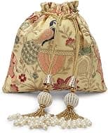 Luxury Embroidered Potli Bag, Silk with Gold Floral Pattern, Pearl Tassel Drawstring Closure, Traditional Wedding Pouch - Best Deal Finder