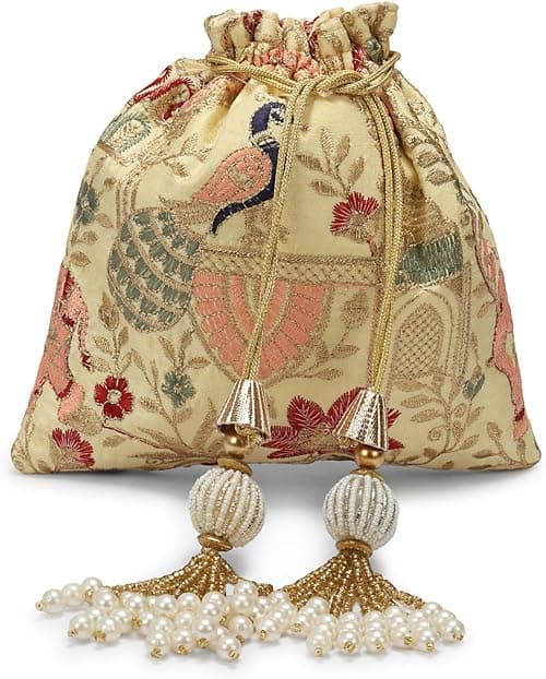 Luxury Embroidered Potli Bag, Silk with Gold Floral Pattern, Pearl Tassel Drawstring Closure, Traditional Wedding Pouch on Amazon.ae - Price Tracker