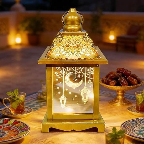 Yoawllty 8in Large Ramadan Lantern with LED Candle, Warm White Ramadan Decorations Lights for Home, Gold Decorative Ramadan Lantern with Moon Star Light Pattern on Amazon.ae - Price Tracker